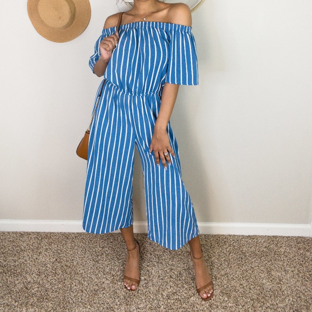Ambiance Off Shoulder Striped Romper